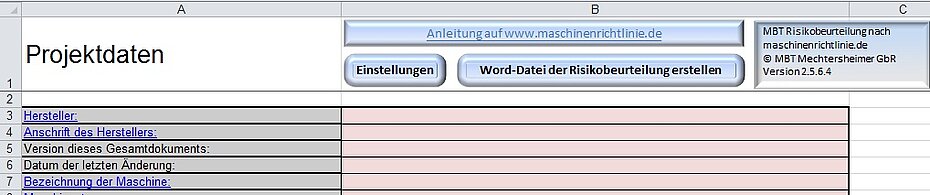 Datenblatt Projektdaten "Einstellungen"