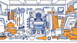 A visually striking image of a partially assembled machine in a workshop setting, with tools and components scattered around, focal point in the top center with empty copy space on the bottom.